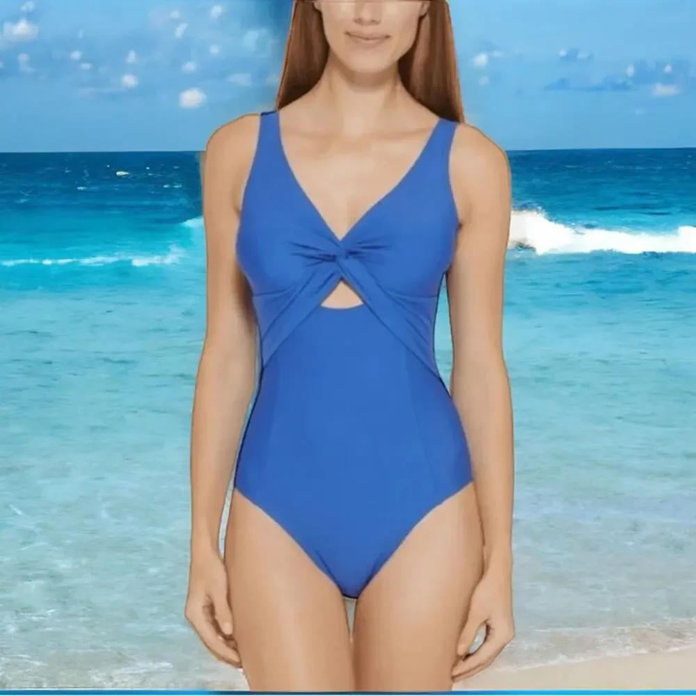 DKNY One Piece Swimsuit Twist Front Blue Size 10 New - Picture 1 of 6